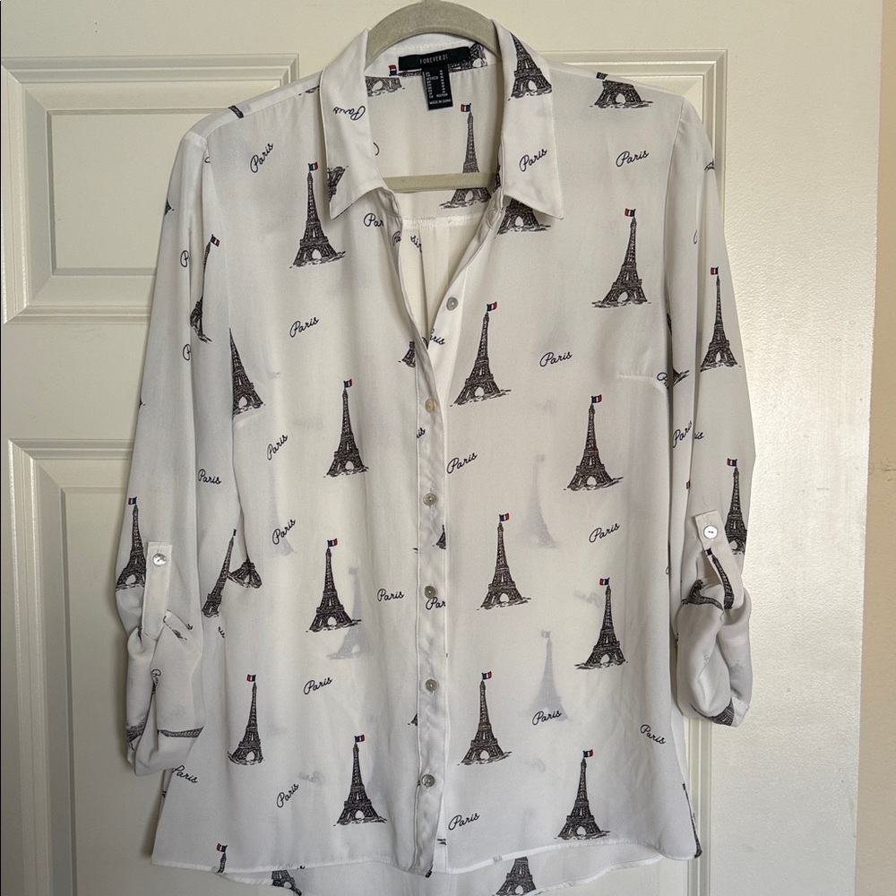 Forever 21 White Paris Eiffel Tower Button Down Shirt